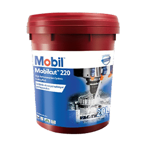 Mobilcut 220 cutting oil product in clear bottle